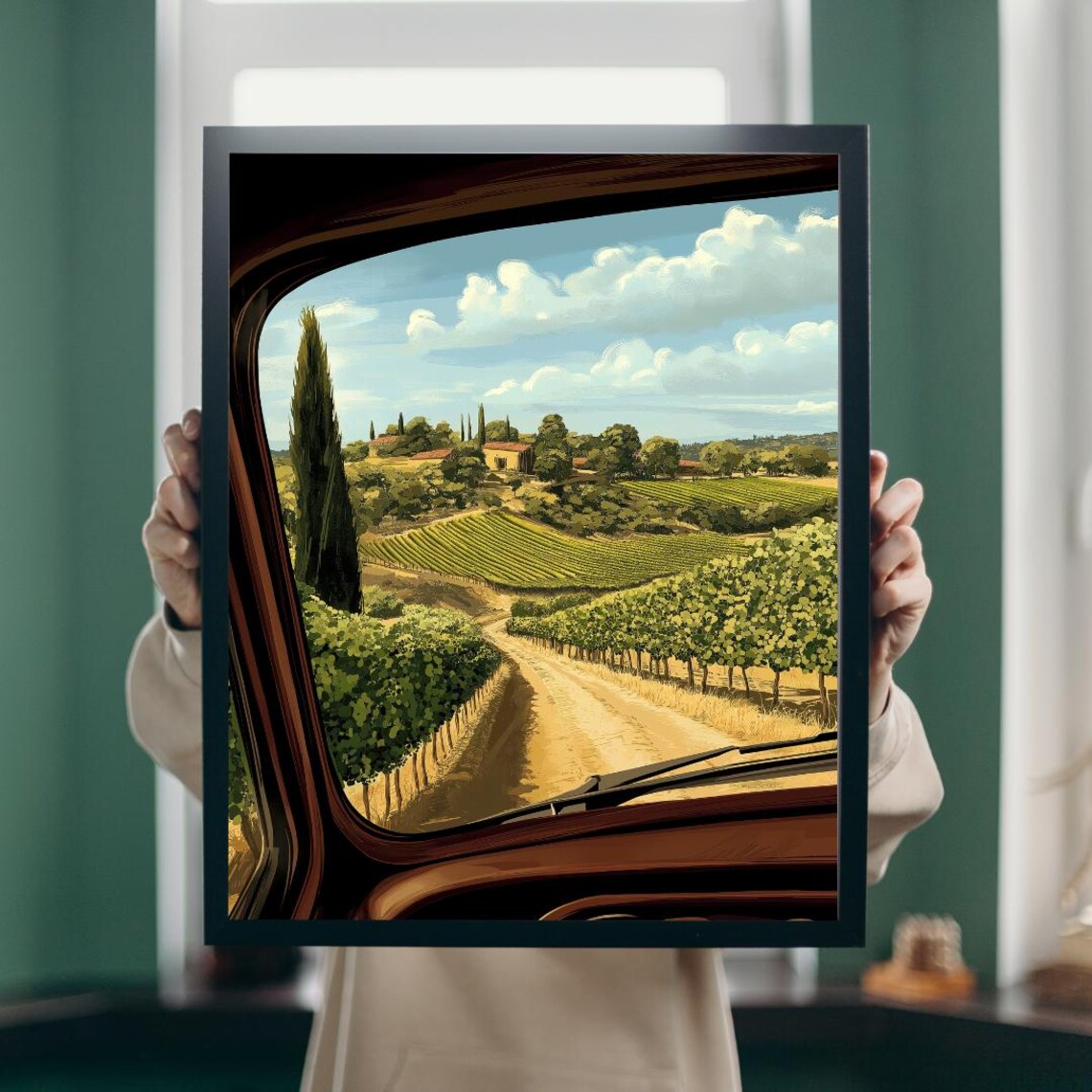 Vintage Car Window View Of Tuscan Vineyard Road Illustrated Poster - Image 5