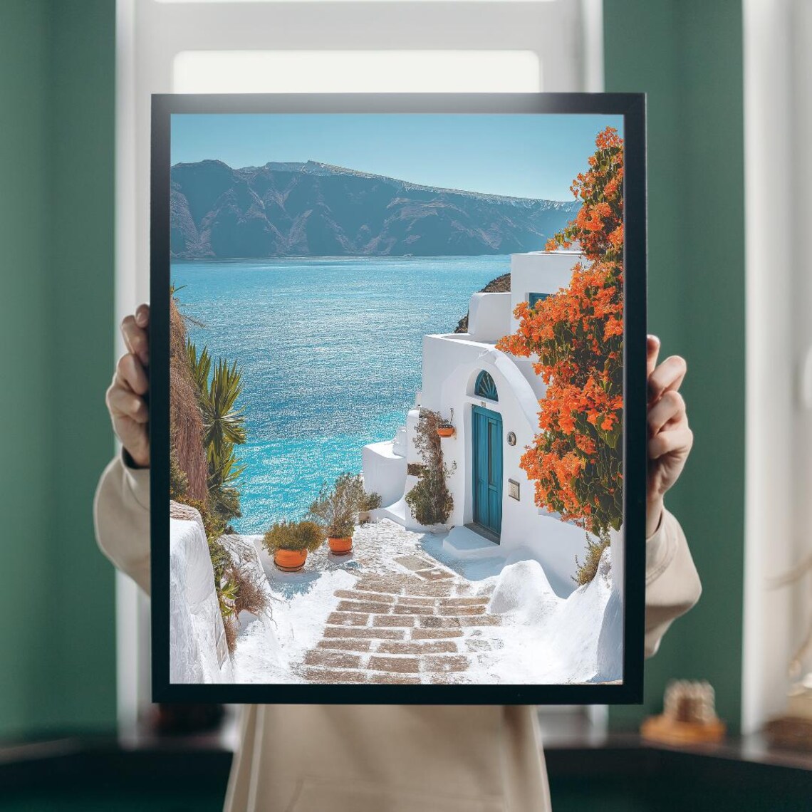 Santorini Whitewashed Street With Blue Door And Bougainvillea Poster - Image 5