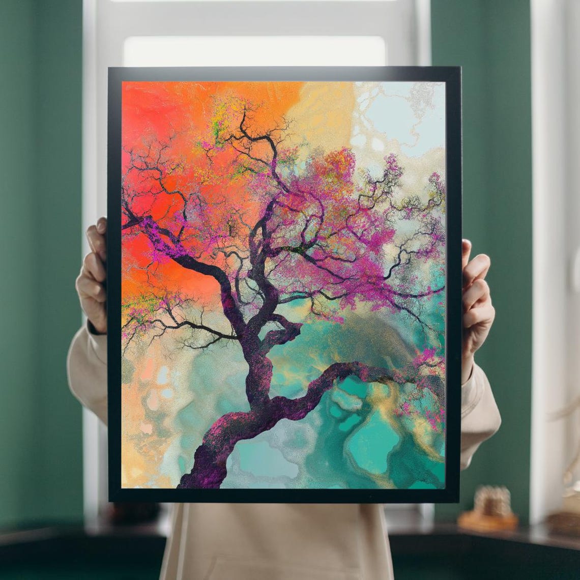 Twisted Blossom Tree Against Orange And Teal Abstract Sky Poster - Image 5