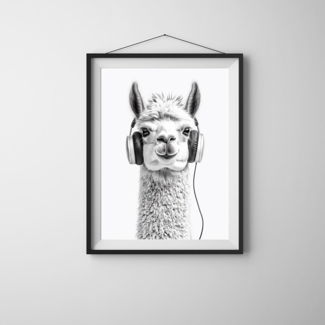 Llama Wearing Headphones Monochrome Funny Music Lover Animal Poster