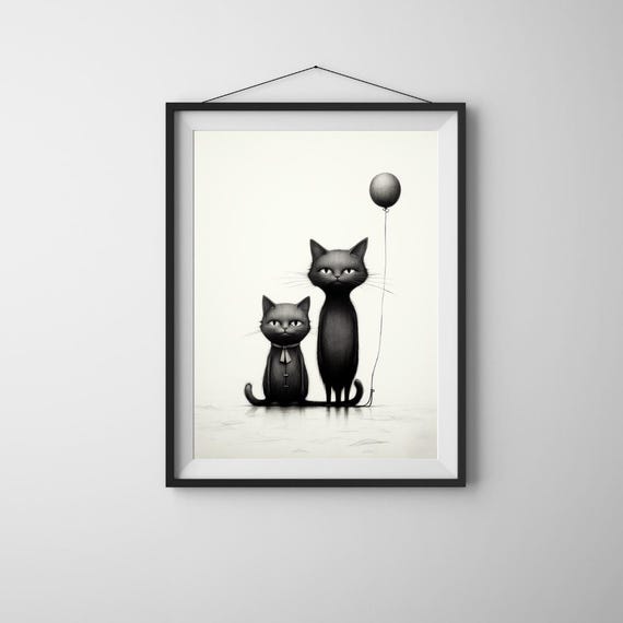Playful Cat Illustration Wall Art Decor Lover Print Whimsical Poster Cute