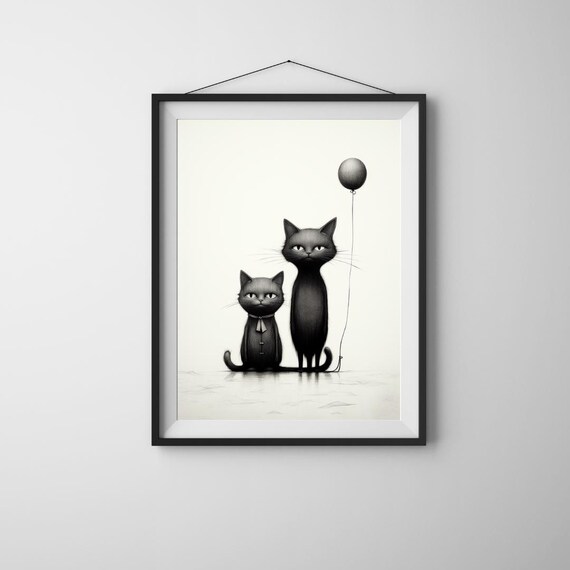 Two Grumpy Black Cats With Balloon Minimalist Pencil Drawing Cat Poster