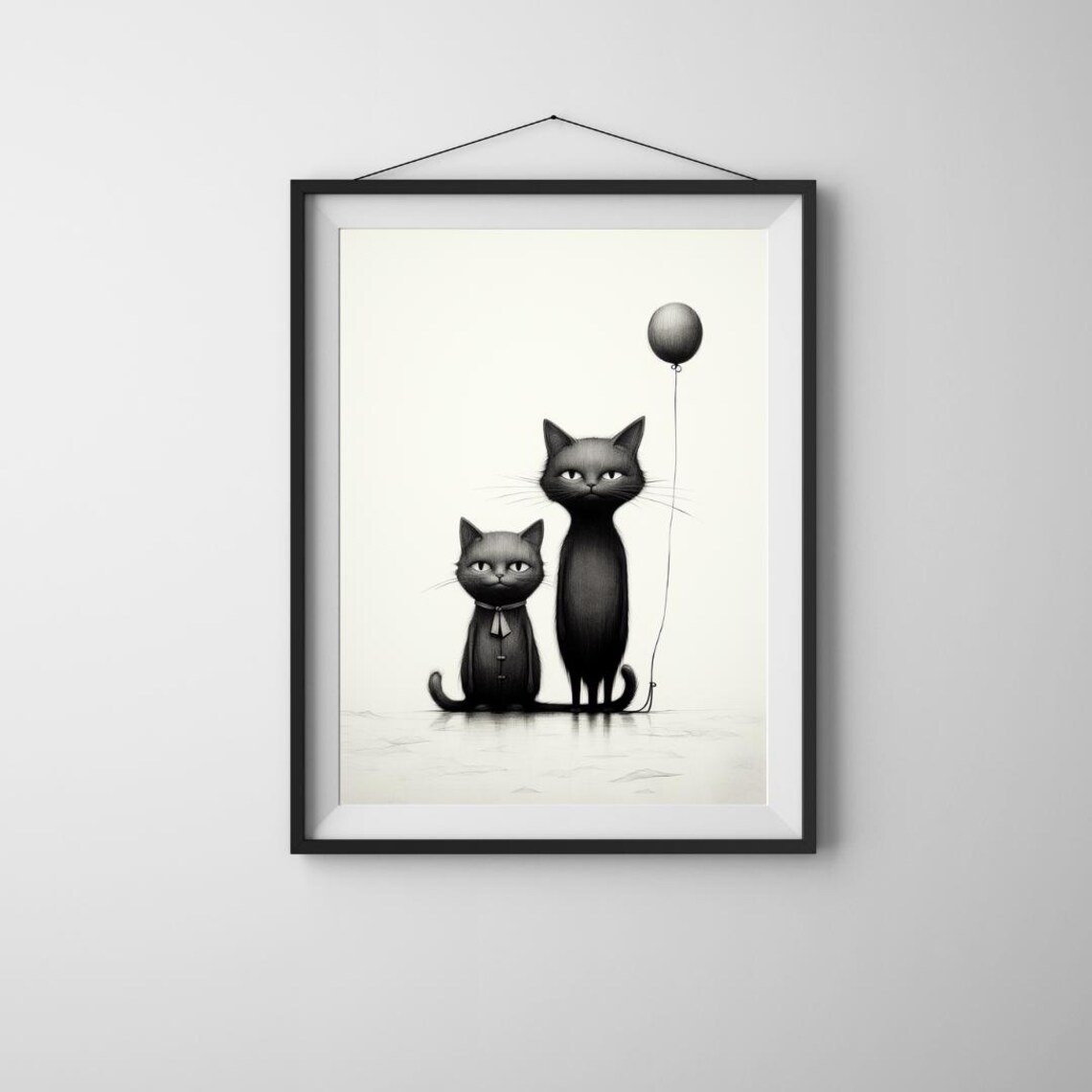 Two Grumpy Black Cats With Balloon Minimalist Pencil Drawing Cat Poster