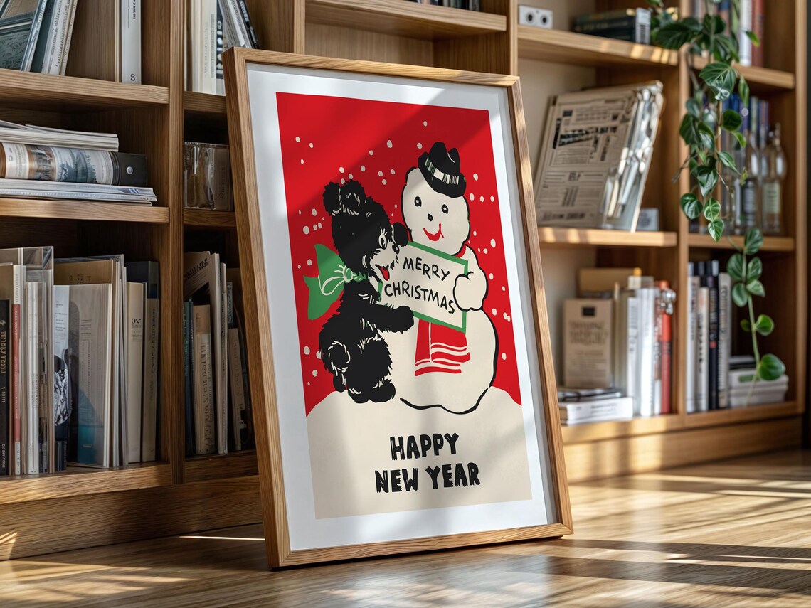 Merry Christmas Happy New Year Snowman Puppy Vintage Holiday Poster - Image 2