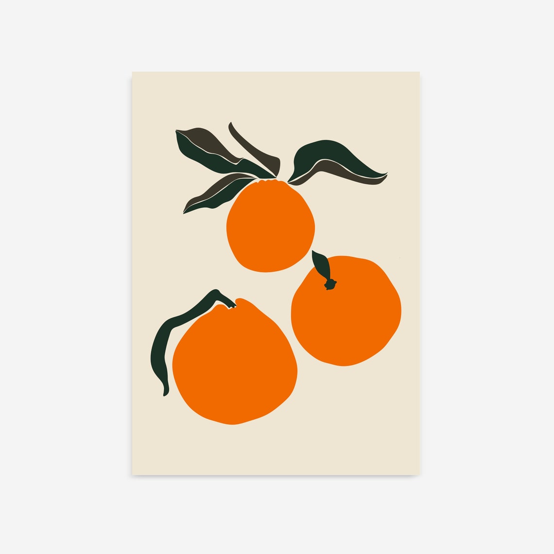 Three Bright Oranges with Leaves Minimalist Kitchen Fruit Wall Art
