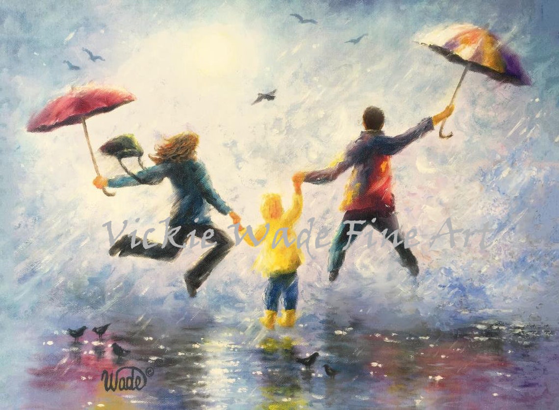 Family Art Print Mother Father Son Singing In The Rain Mom Dad One Son Family Leaping Splashing In Rain Painting Vickie Wade Art