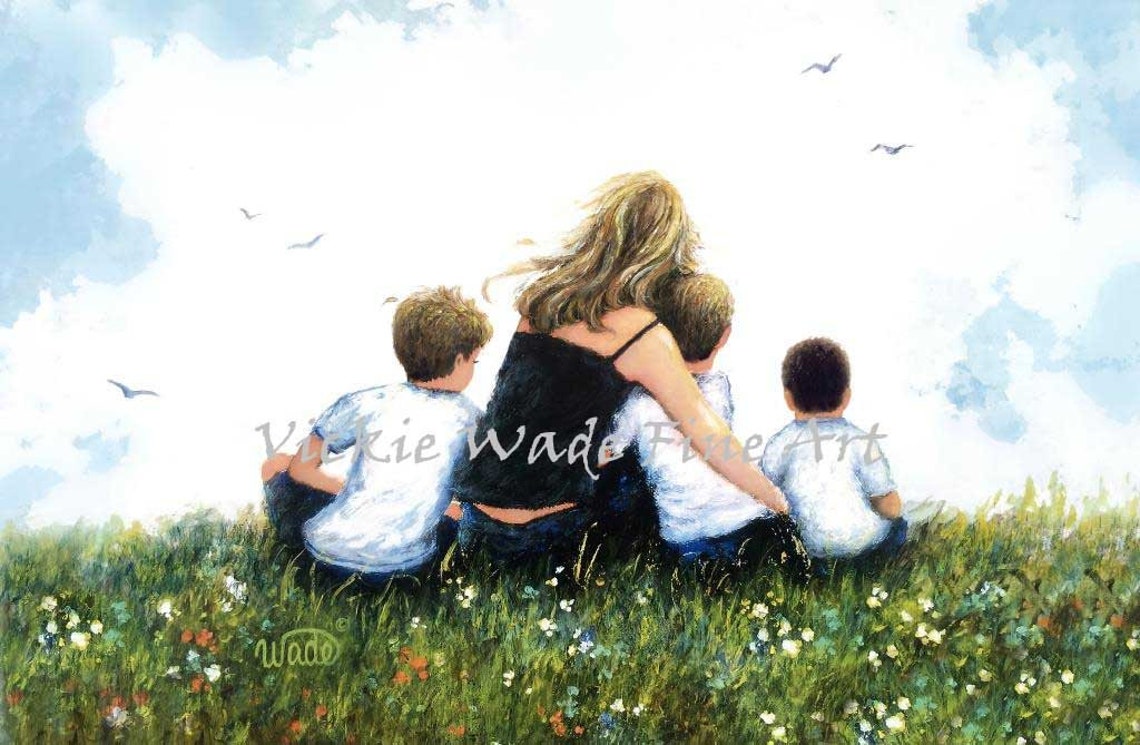 Blonde Mother Hugging Three Sons in a Wildflower Field Poster