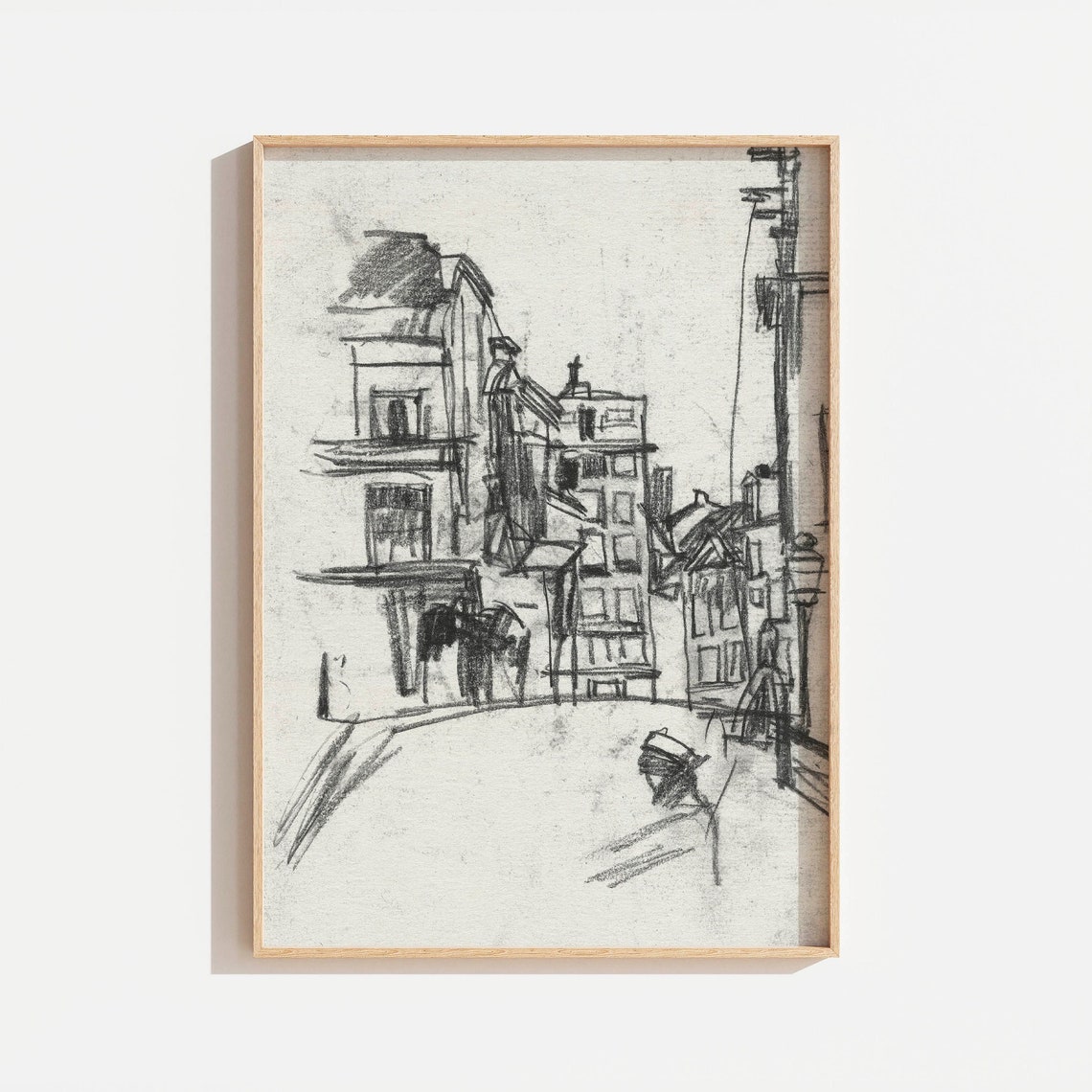 Vintage Black Ink City Street Sketch Abstract Line Drawing Wall Art