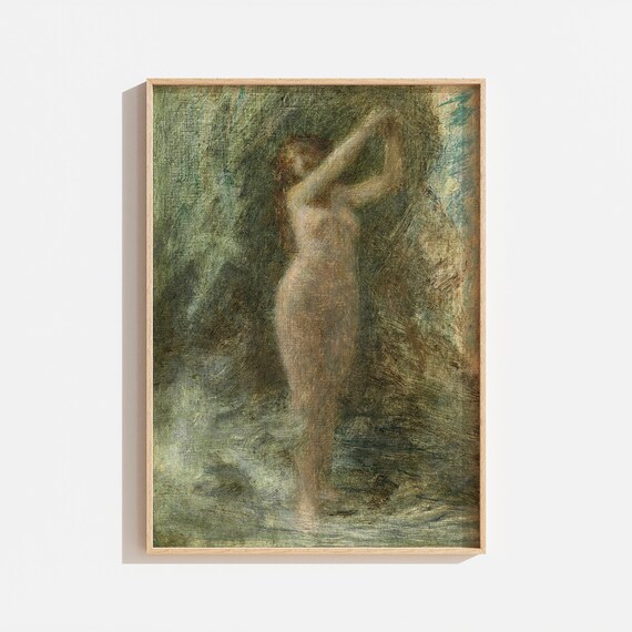 Green Tones Standing Nude Woman Impressionist Antique Painting Wall Art