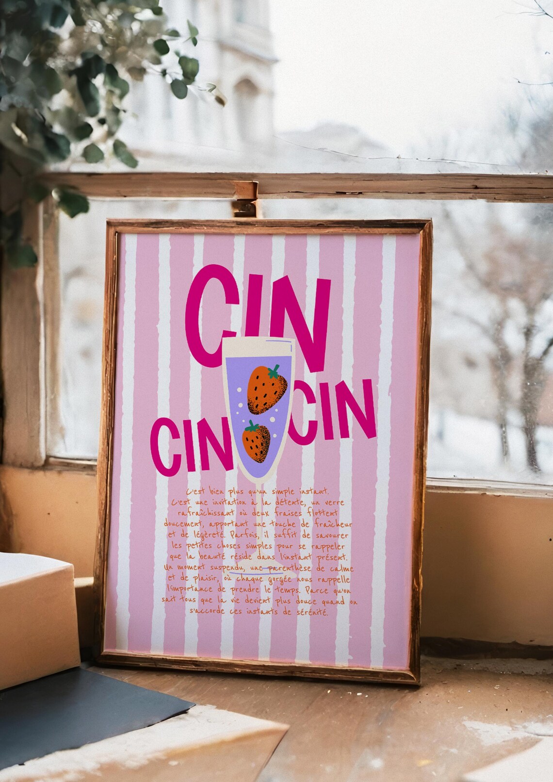 Cin Cin Strawberry Cocktail Pink Striped French Quote Poster - Image 3