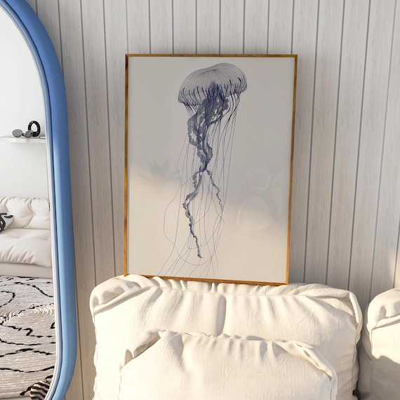 Blue Jellyfish Line Drawing Marine Life Minimalist Art Poster