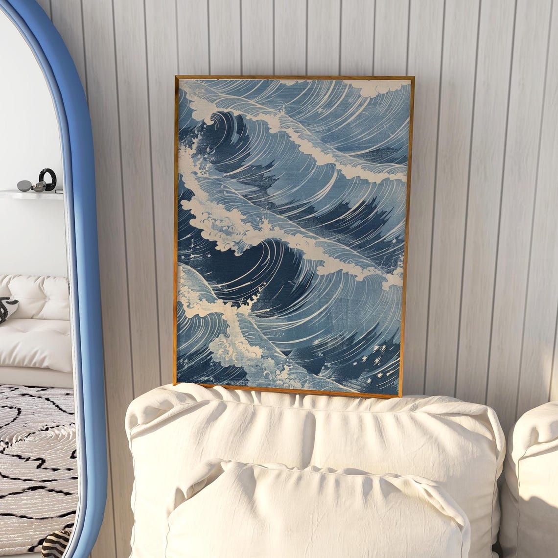 Blue Rolling Waves Japanese Style Ocean Pattern Art Decor Poster