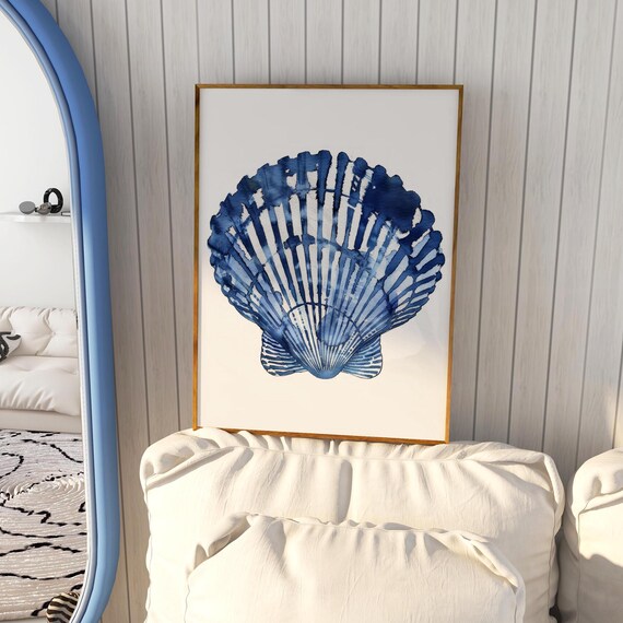 Blue Watercolour Scallop Shell Coastal Nautical Style Poster