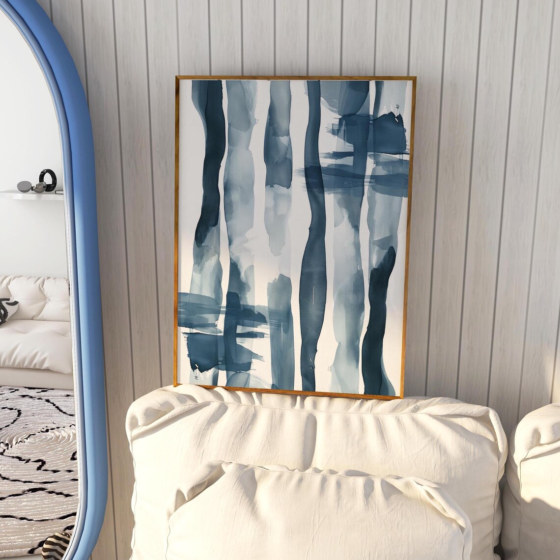 Abstract Blue Watercolor Brushstroke Stripes Modern Coastal Art Poster