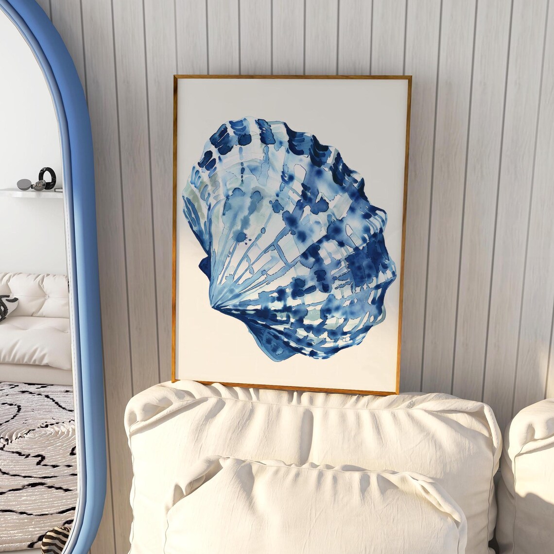 Blue Watercolor Scallop Shell Coastal Beach Themed Art Print
