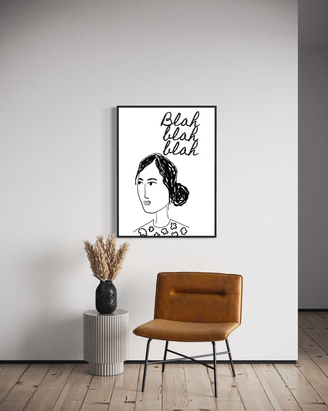 Blah Blah Blah Script Woman Portrait Line Art Black White Poster - Image 3