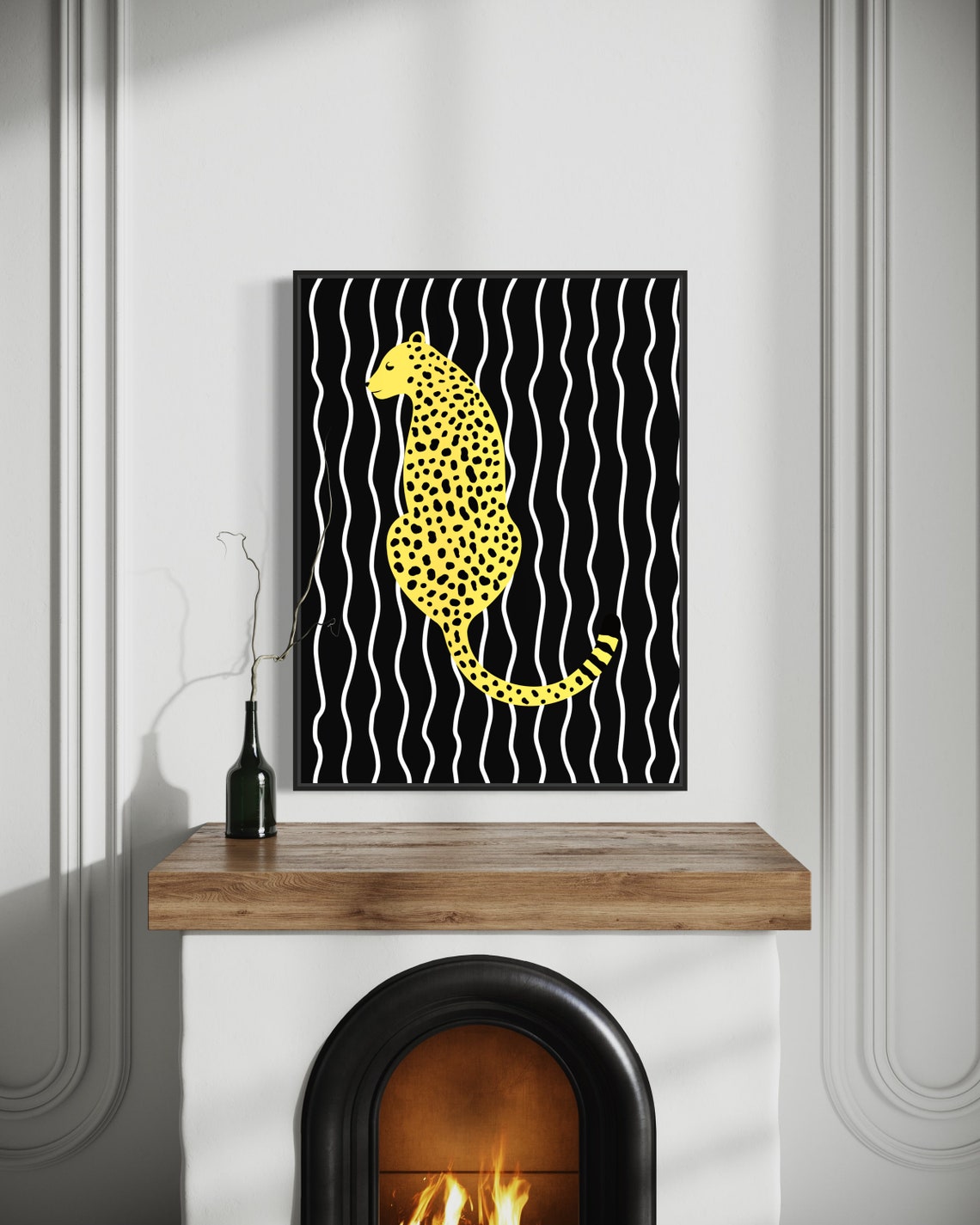 Yellow Leopard Sitting Black Striped Background Preppy Animal Poster - Image 2