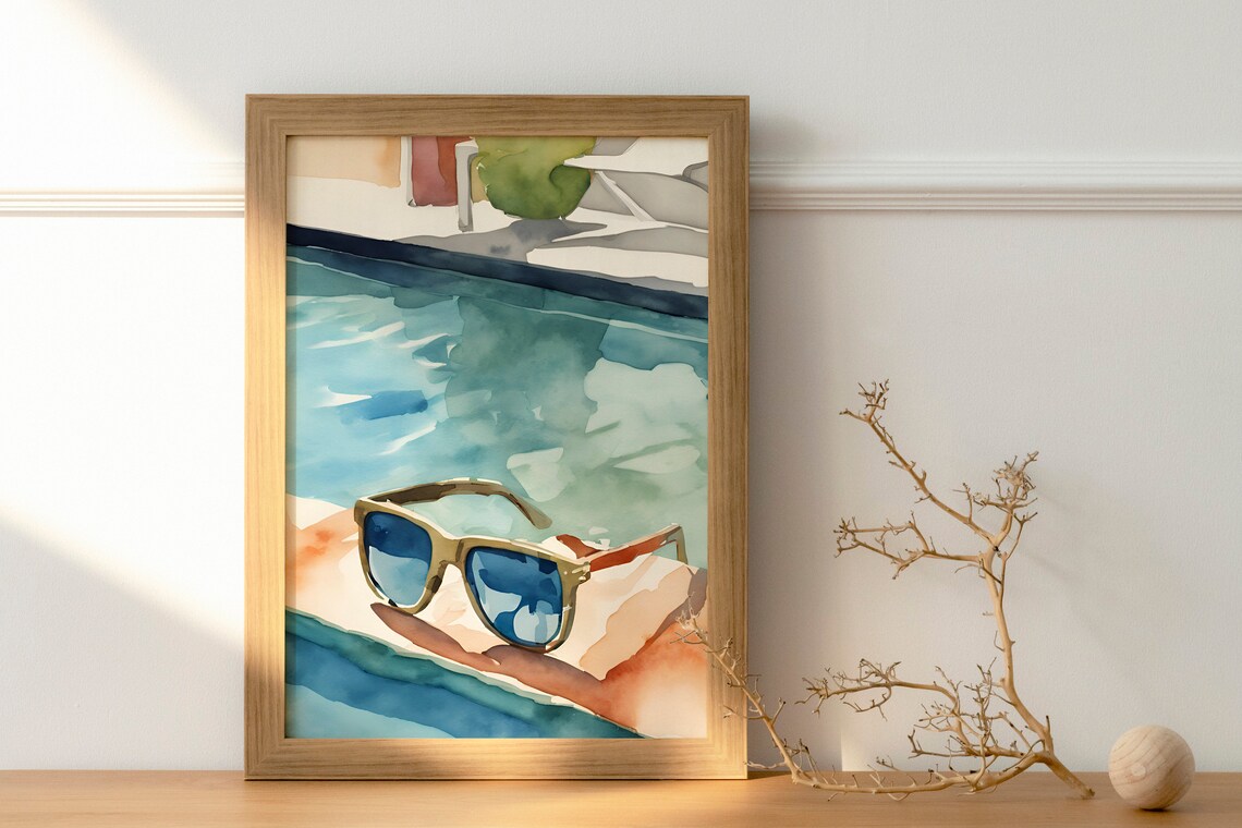 Glasses By The Pool Art Print, Summer Decor - Image 3