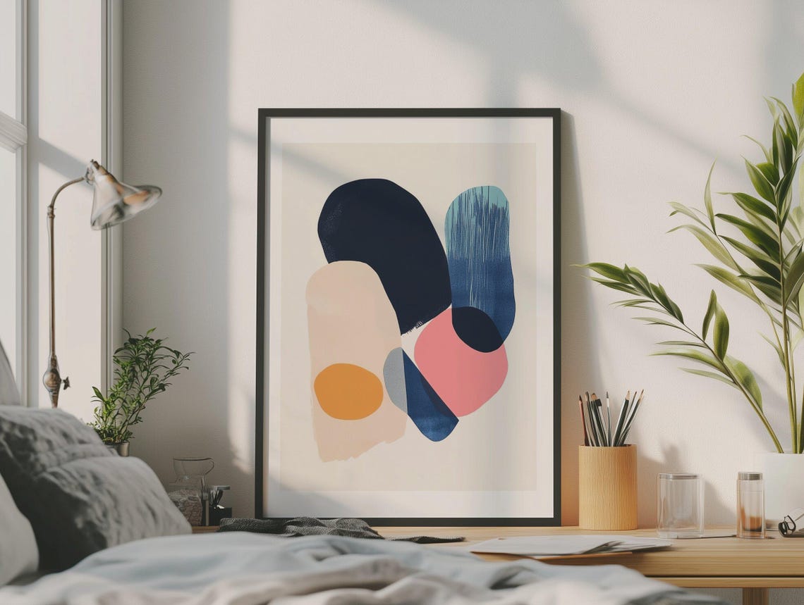 Navy Pink and Ochre Organic Abstract Shapes Modern Living Room Poster - Image 2