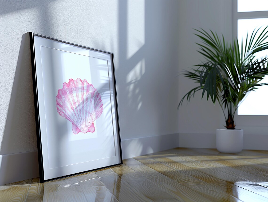 Pink Watercolor Scallop Shell Poster Coastal Beach House Minimalist Decor - Image 4