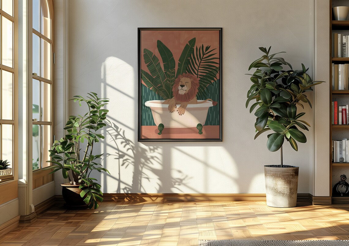 Lion In Bathtub Jungle Animal Art Print - Image 4