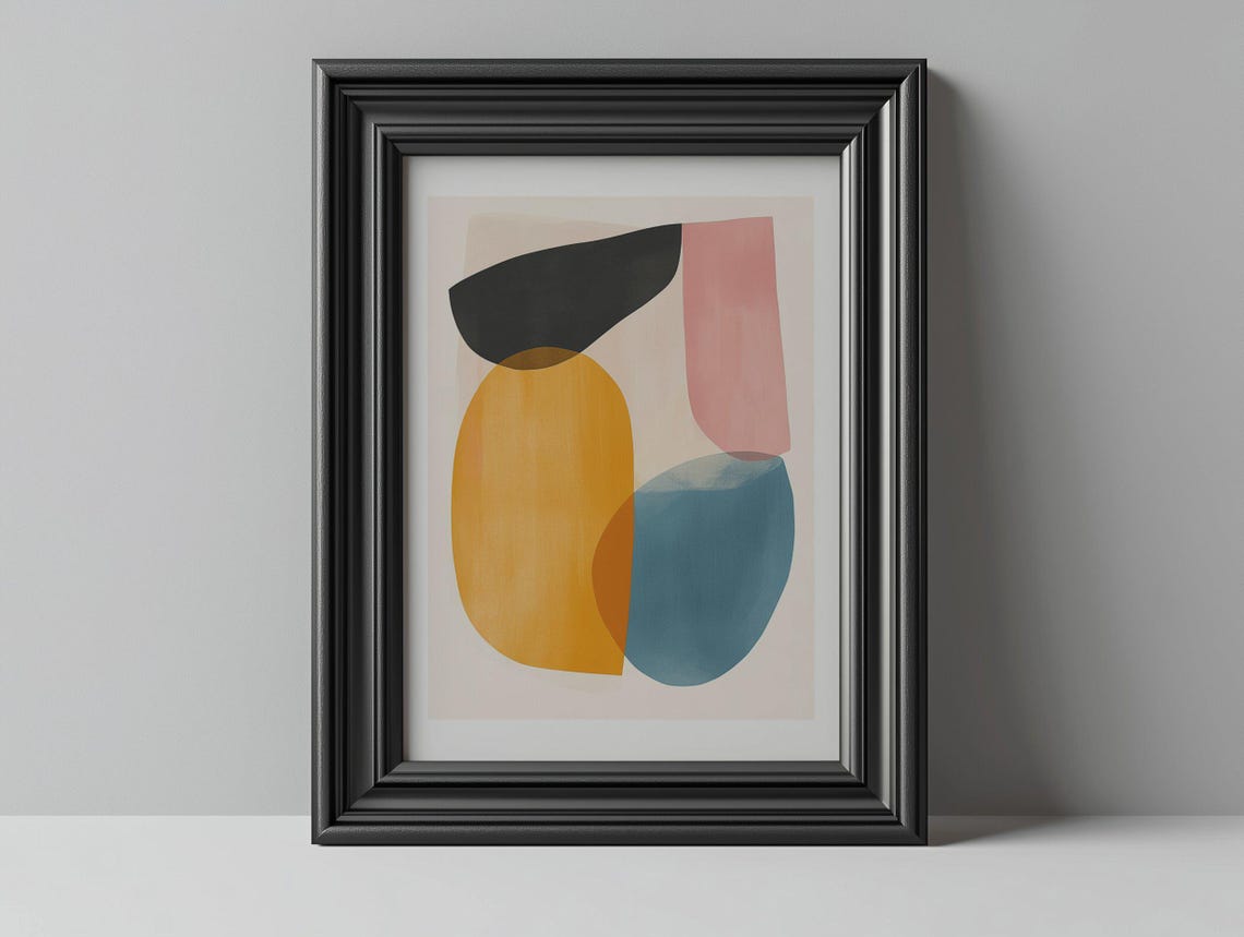 Pink Mustard and Teal Mid Century Modern Abstract Shapes Art Poster - Image 2