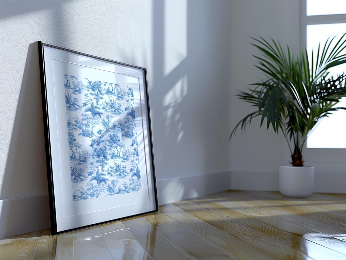 Blue Toile De Jouy Tropical Landscape Poster Palm Tree Botanical Art - Image 4