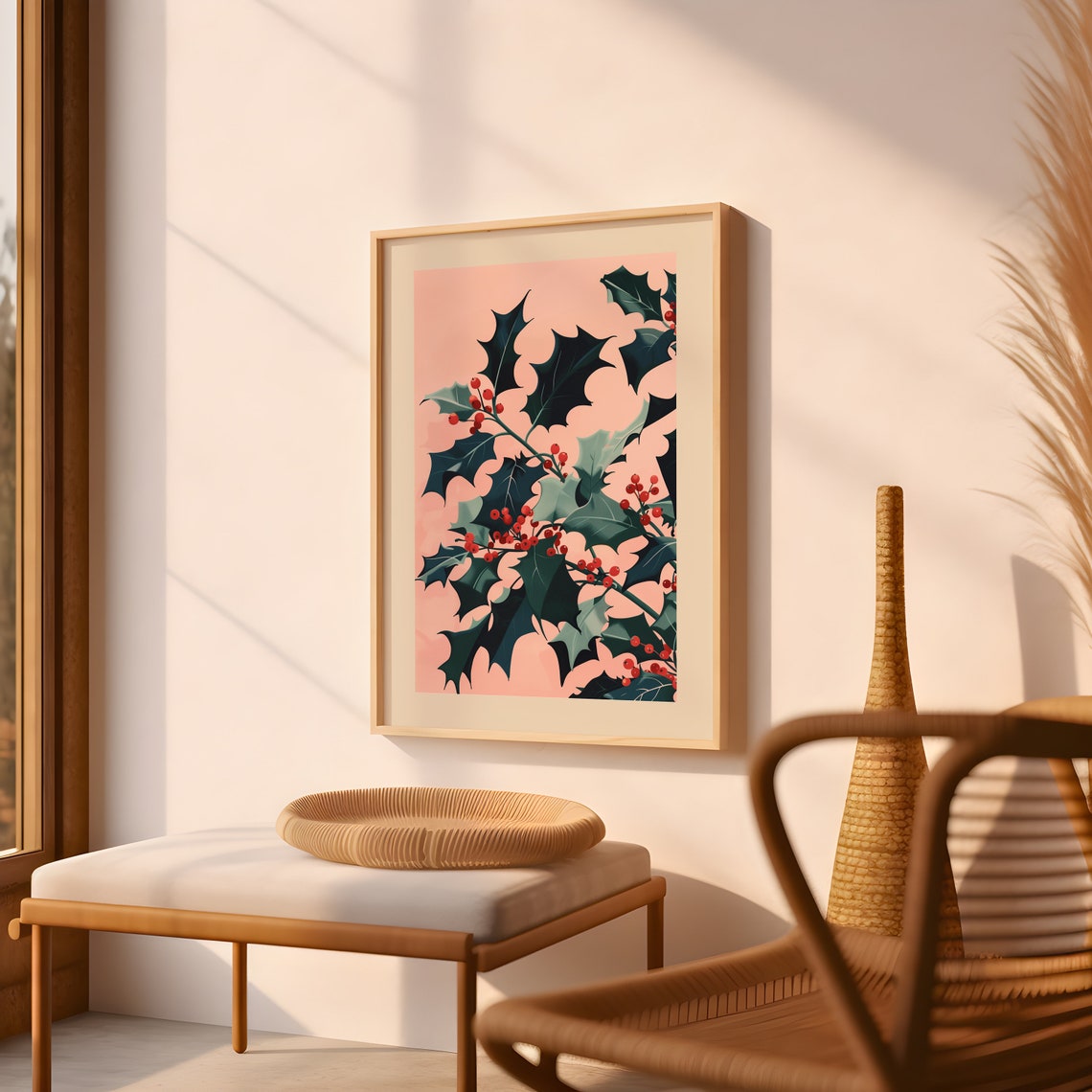 December Holly Birth Flower Botanical Pink Holiday Art Poster - Image 3