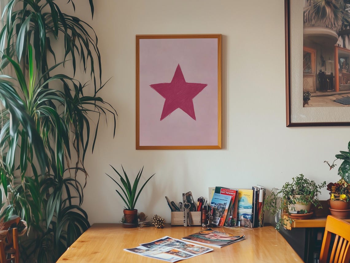 Pink Crayon Star Hand Drawn Retro Dorm Room Wall Art Decor Aesthetic - Image 2