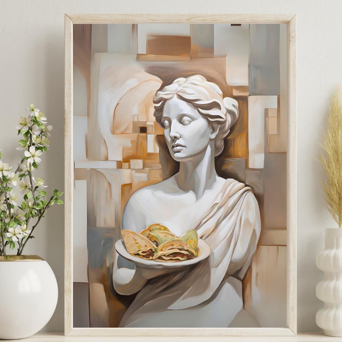 Tacos Greek Statue Bust Marble Food Portrait Abstract Art Poster