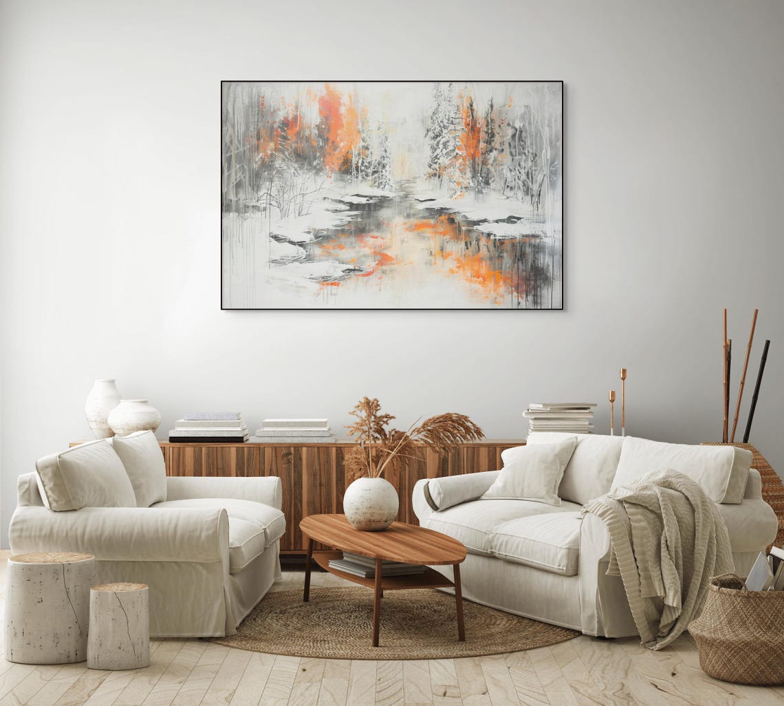 Winter Stream Snowy Forest Orange Trees Reflection Scenic Poster - Image 4