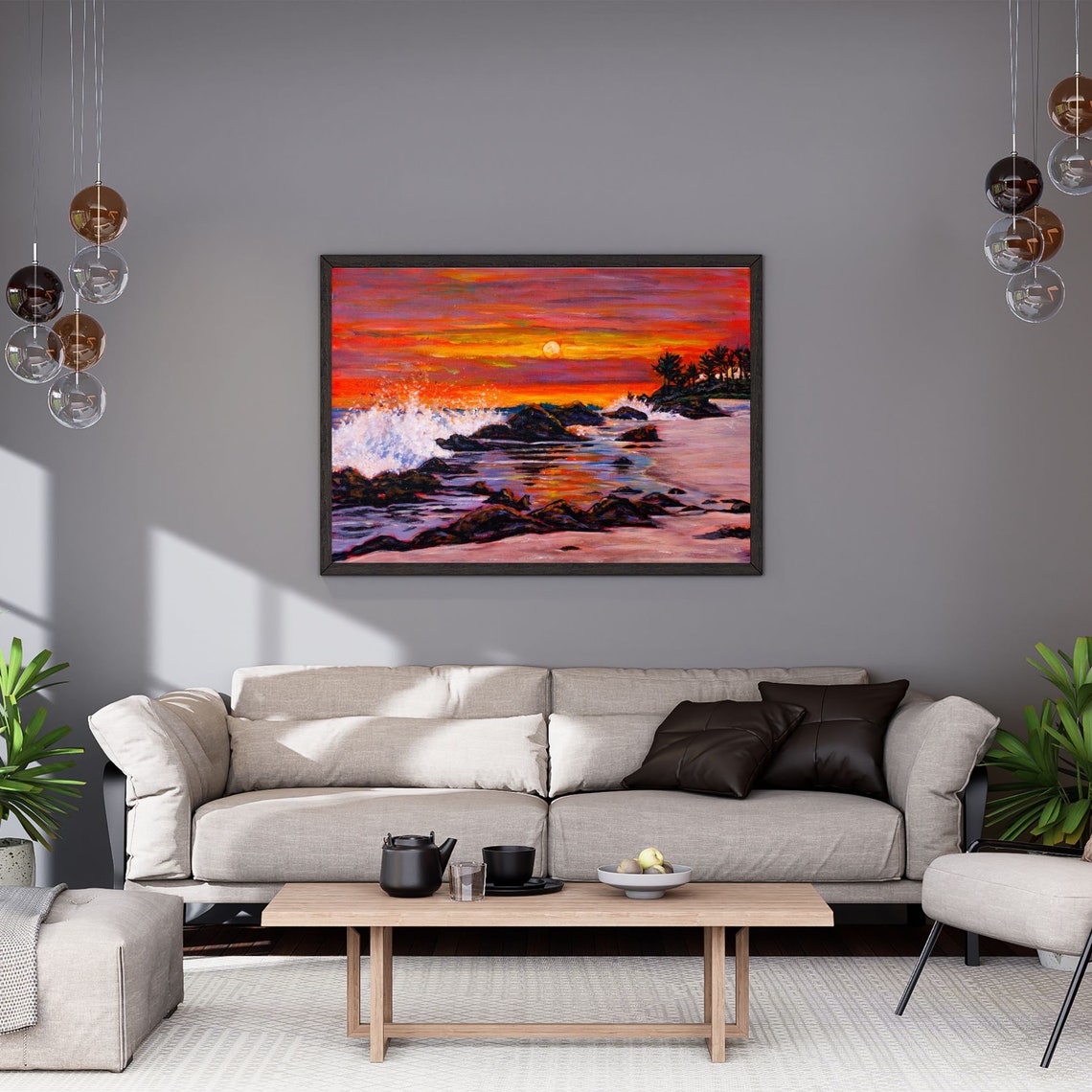 Rocky Shoreline Sunset Waves Crash Orange Sky Ocean Beach Poster - Image 2