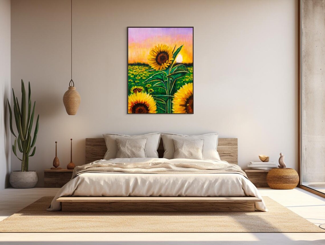 Sunflower Field Sunset Bloom Painting Golden Yellow Floral Poster - Image 2