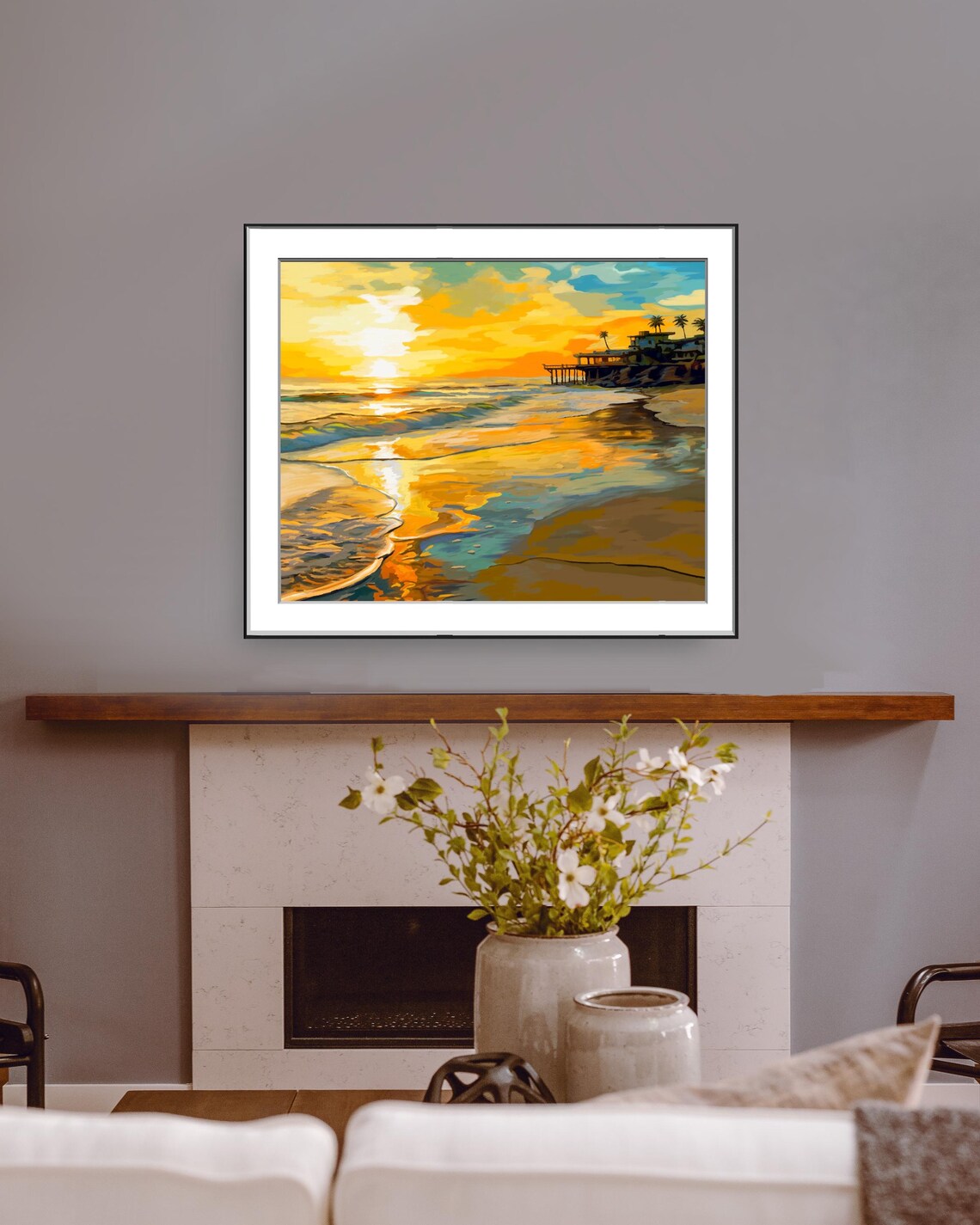 Golden Sunset Beach Pier Palms Ocean Reflections Seascape Poster - Image 3