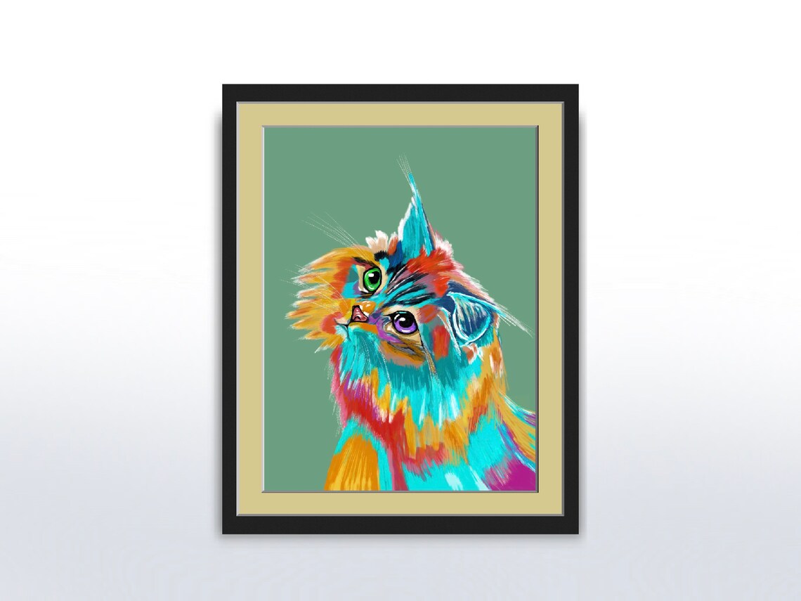 Colorful Vibrant Cat Portrait Green Background Nursery Art Poster