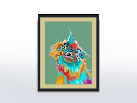 Colorful Vibrant Cat Portrait Green Background Nursery Art Poster