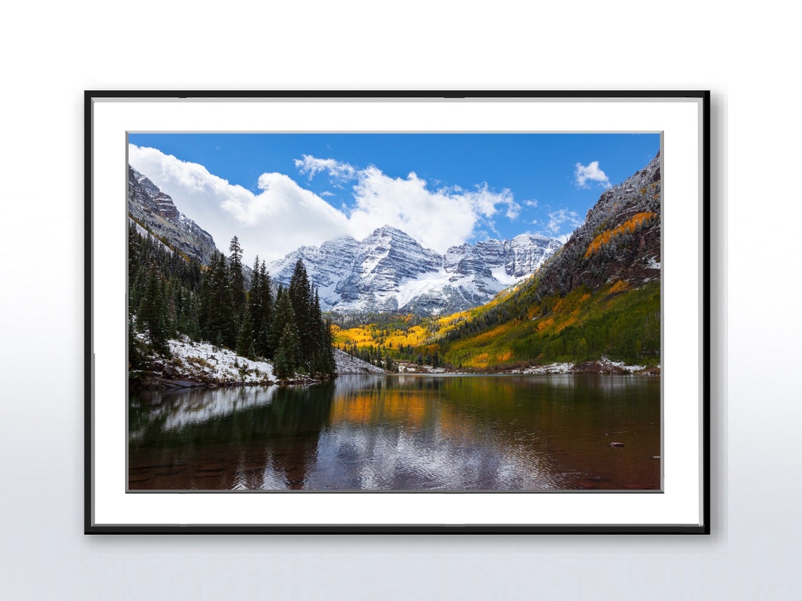 Snow-Capped Peaks Reflected in an Alpine Lake Autumn Scene Poster