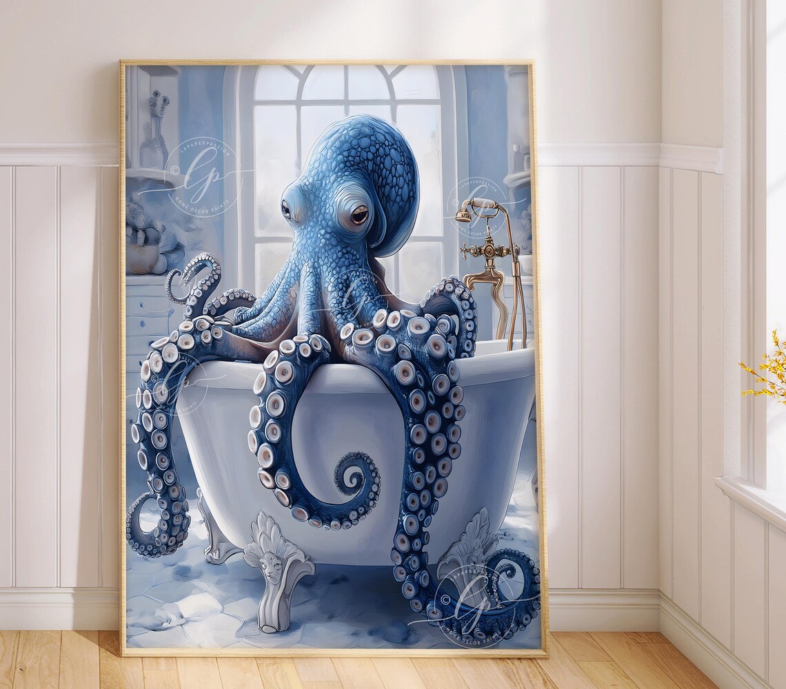 Octopus In A Bath Poster Print, Bathroom Decor