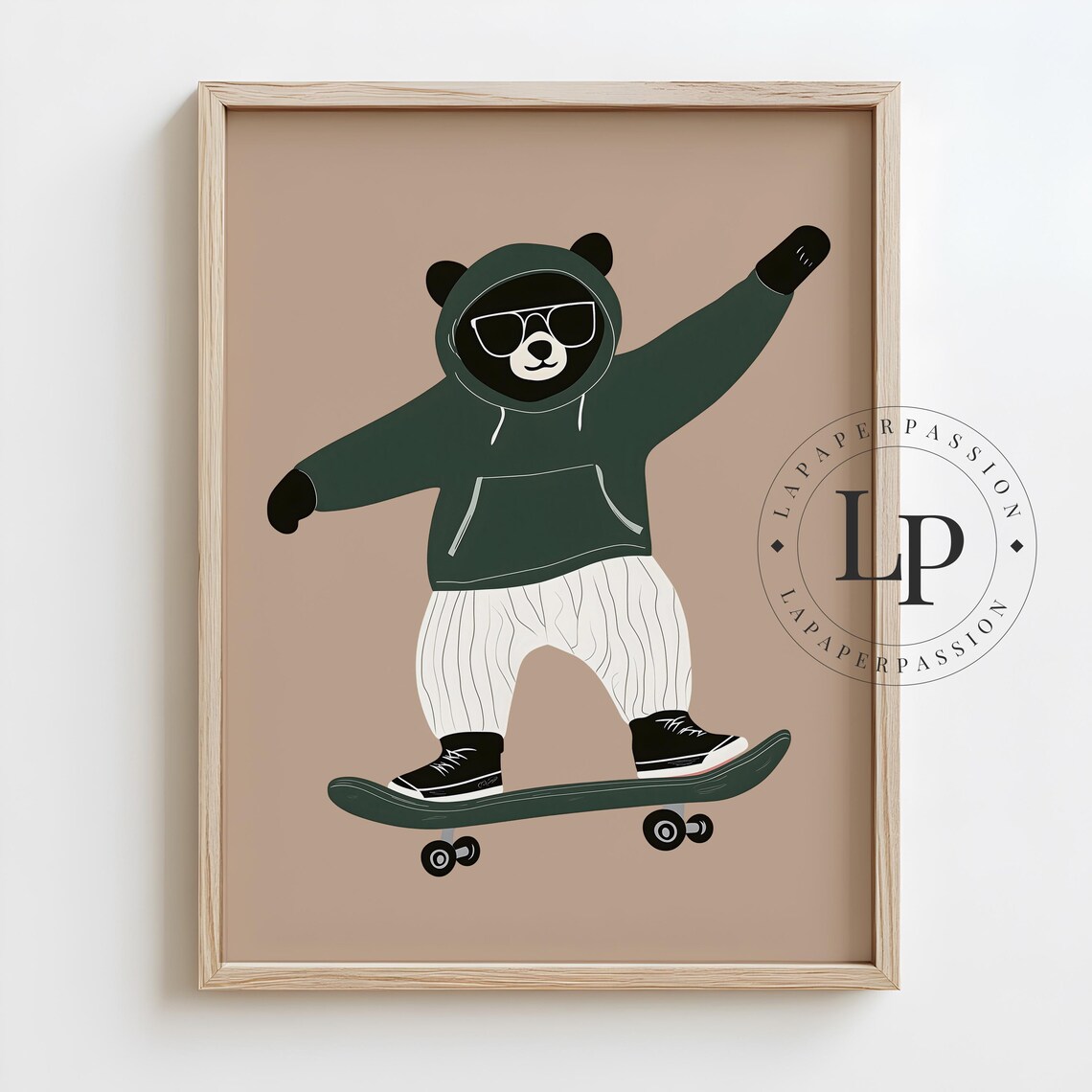 Bear in Green Hoodie Riding Skateboard Cool Kids Nursery Poster