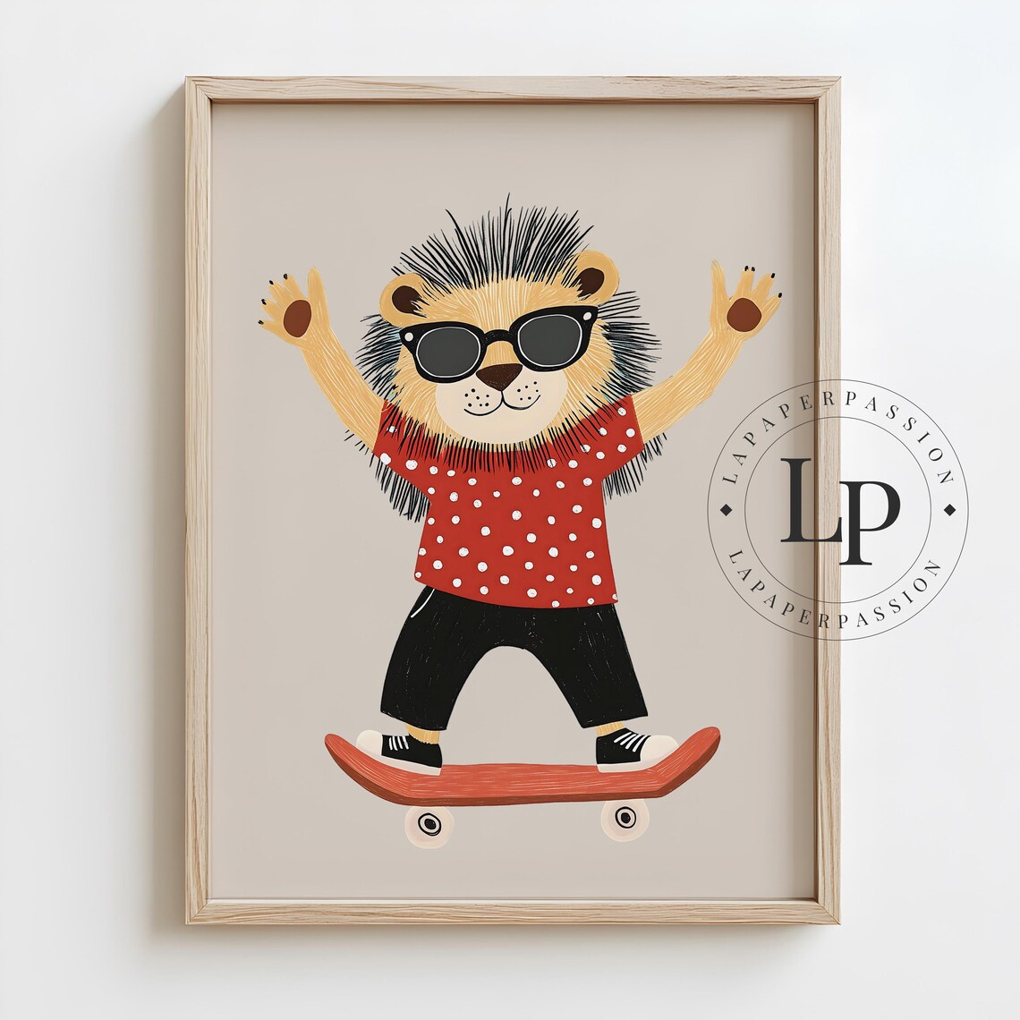 Cool Lion Skateboard Sunglasses Red Polka Dot Kids Nursery Poster