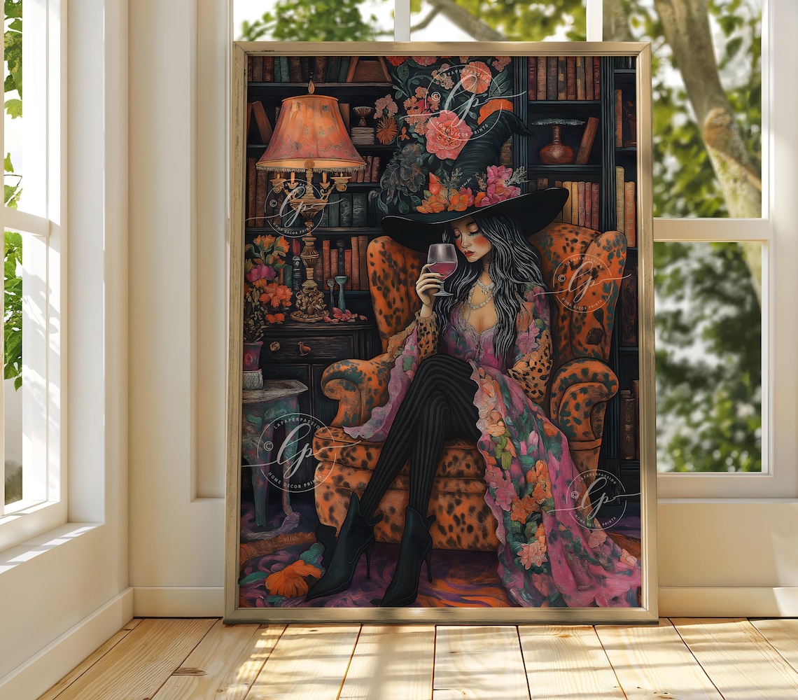 Witch Drinking Wine, Maximalist Wiccan Art Print