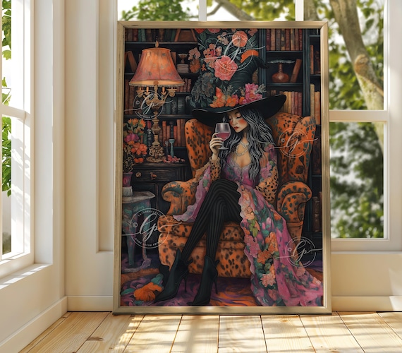 Witch Drinking Wine, Maximalist Wiccan Art Print
