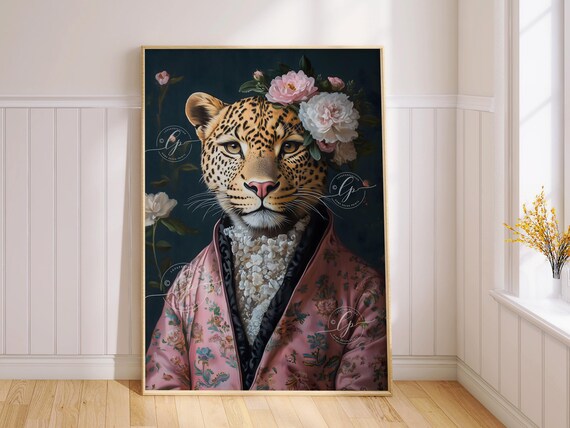 Leopard Portrait Pink Floral Robe Crown Dark Maximalist Poster
