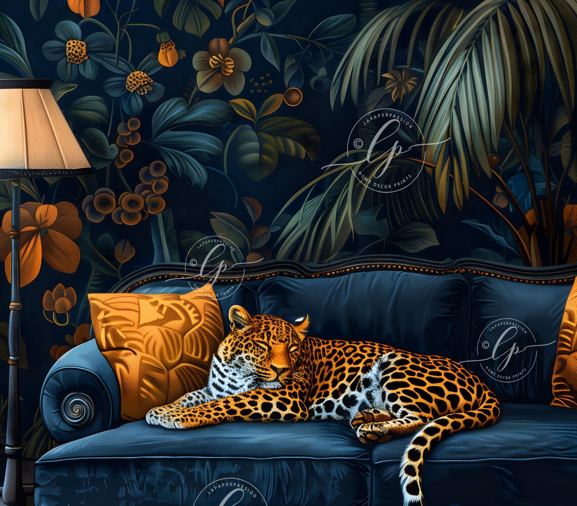 Leopard Navy Velvet Chaise Lounge Dark Floral Maximalist Wall Art - Image 2