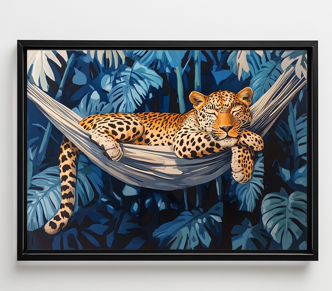 Sleeping Leopard Hammock Blue Jungle Tropical Bold Animal Poster - Image 4