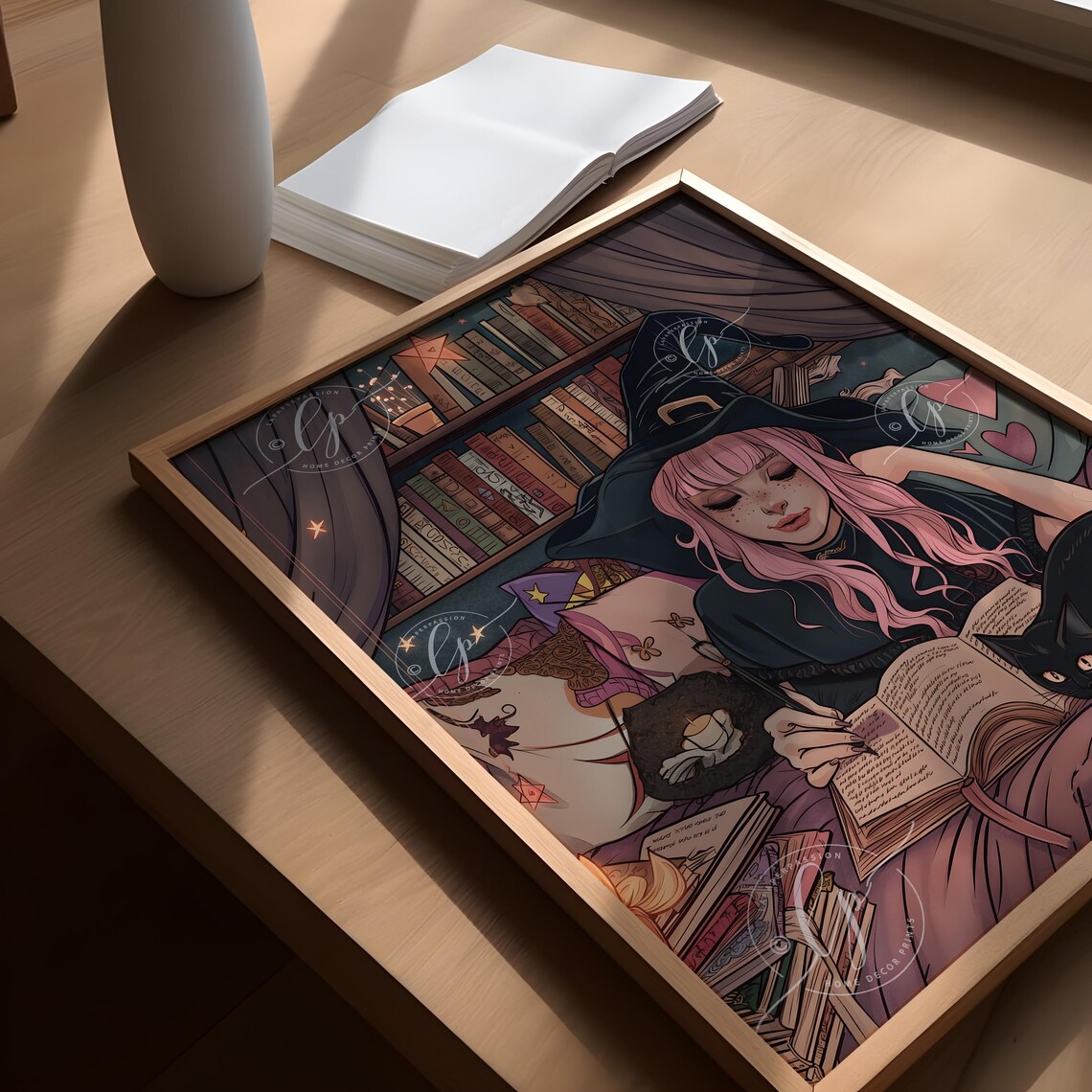 Pink Haired Teen Witch Reading With Black Cat Cozy Halloween Poster - Image 3