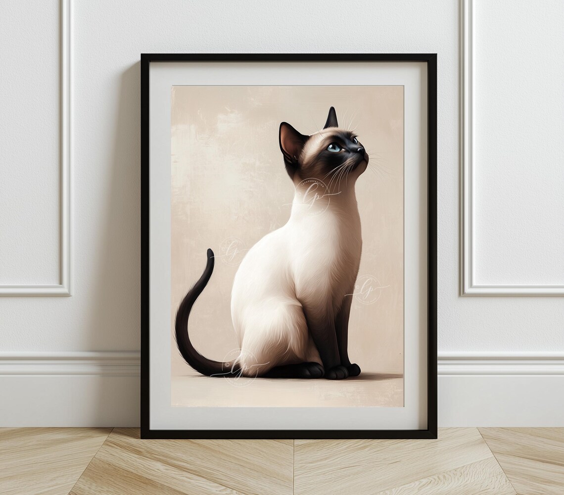 Siamese Cat Gazing Upward Minimalist Cream Beige Elegant Cat Poster