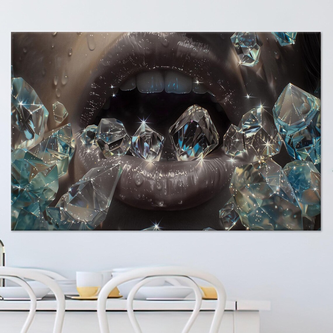 Sparkling Diamond Lips Close Up Glamorous Beauty Canvas Art Poster