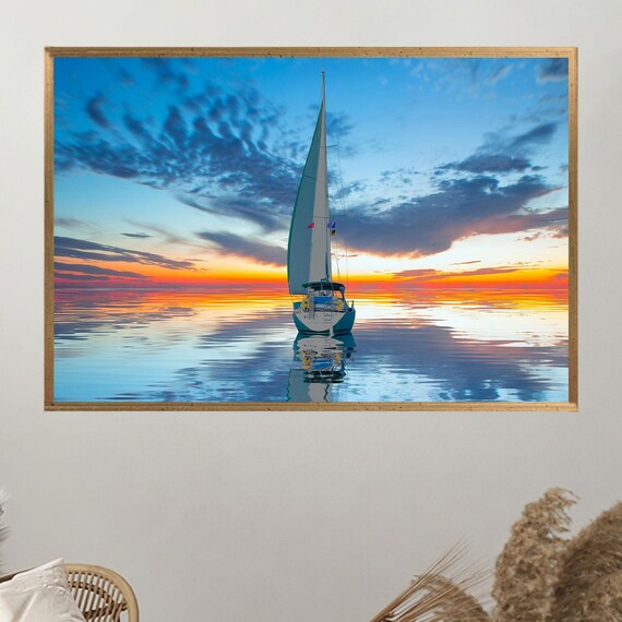 Sailboat at Sunset on Glassy Water Golden Hour Seascape Art Poster