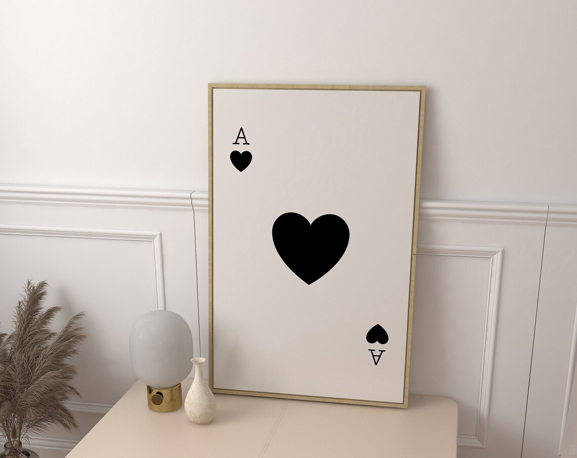Ace Of Hearts Playing Card Minimalist Black White Wall Art Decor